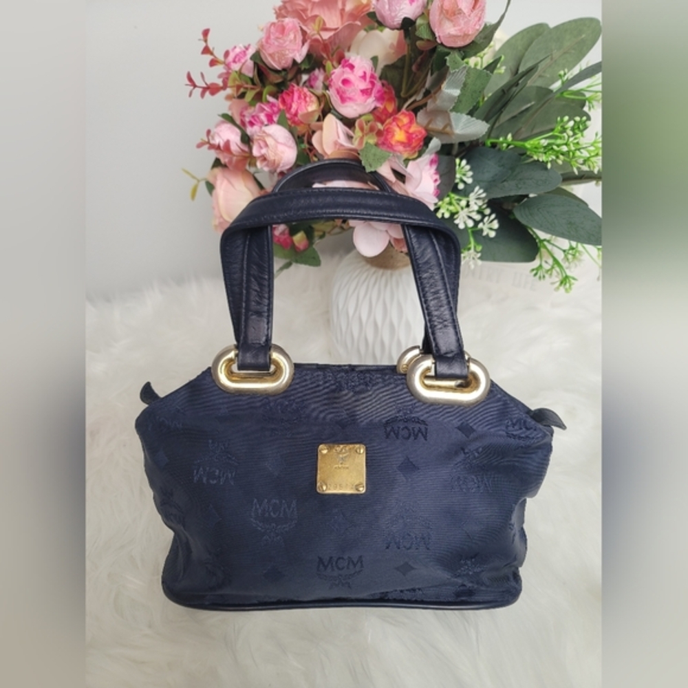 MCM Navy Visetos Nylon Handle Bag Mini Bag with Gold Accents